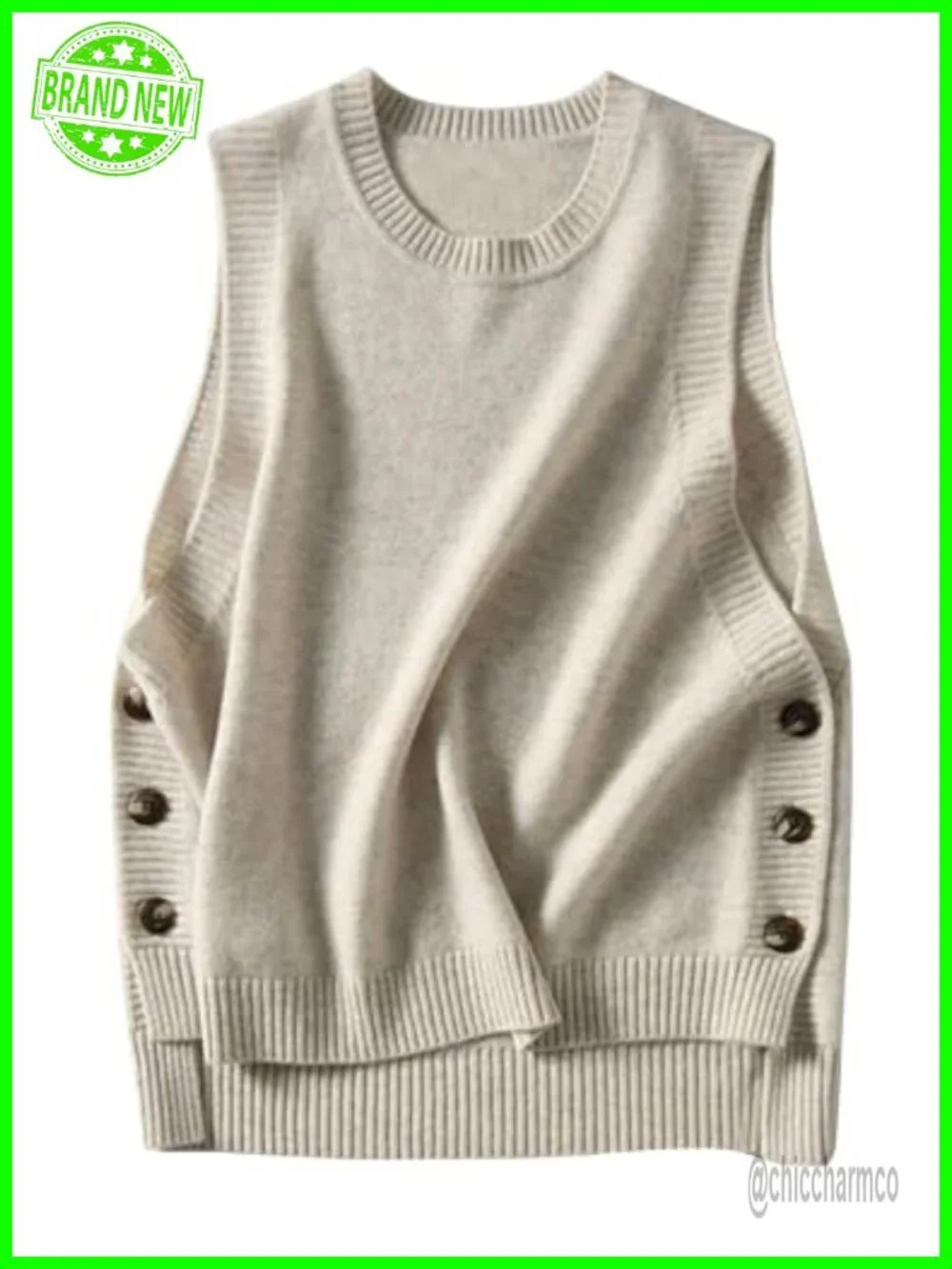 Ribbed Knit Sleeveless Sweater Vest with Button Details